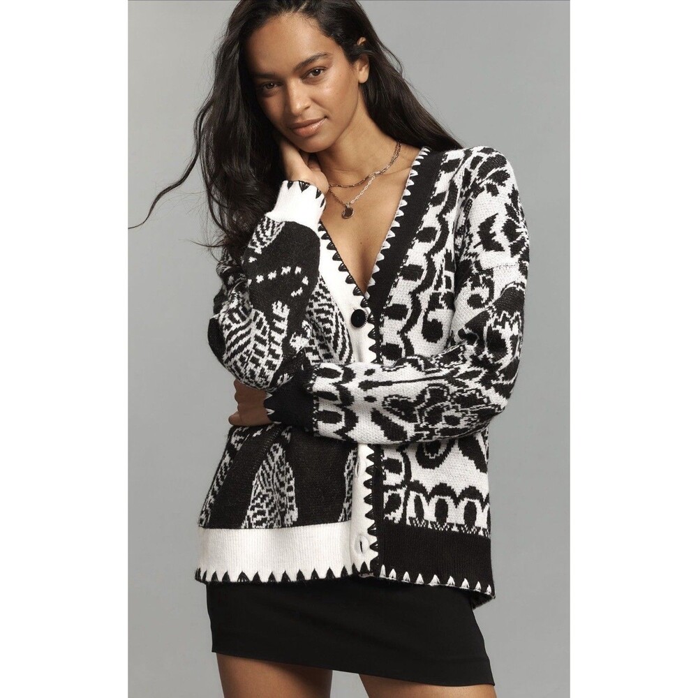 Farm Rio Anthropologie Cardigan Sweater Black Tiger Preppy Boho Size XS NWT